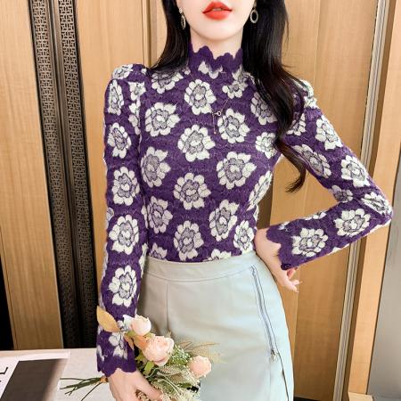 FA55343# 磨毛半高领蕾丝打底衫女内搭秋冬时尚洋气高级感别致漂亮小衫上衣 服裝批發女裝批發服飾貨源