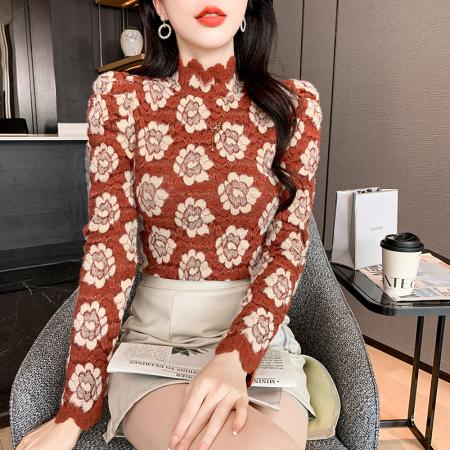 FA55343# 磨毛半高领蕾丝打底衫女内搭秋冬时尚洋气高级感别致漂亮小衫上衣 服裝批發女裝批發服飾貨源