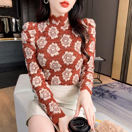 FA55343# 磨毛半高领蕾丝打底衫女内搭秋冬时尚洋气高级感别致漂亮小衫上衣 服裝批發女裝批發服飾貨源