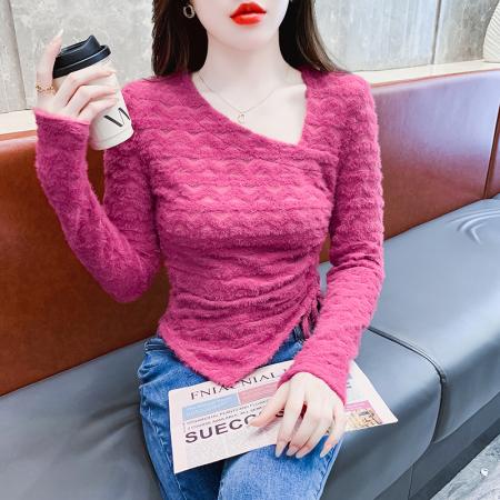 FA55344# 小众设计感斜领抽绳蕾丝衫女秋季不规则下摆长袖t恤收腰显瘦上衣 服裝批發女裝批發服飾貨源