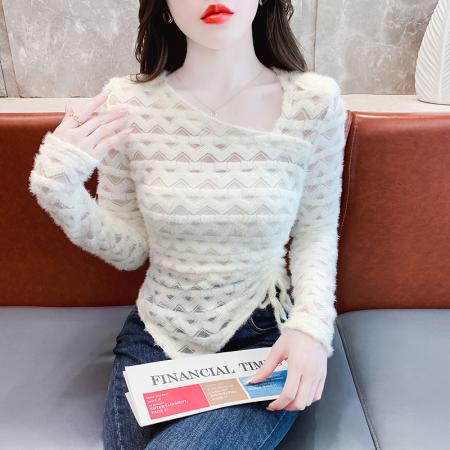 FA55344# 小众设计感斜领抽绳蕾丝衫女秋季不规则下摆长袖t恤收腰显瘦上衣 服裝批發女裝批發服飾貨源