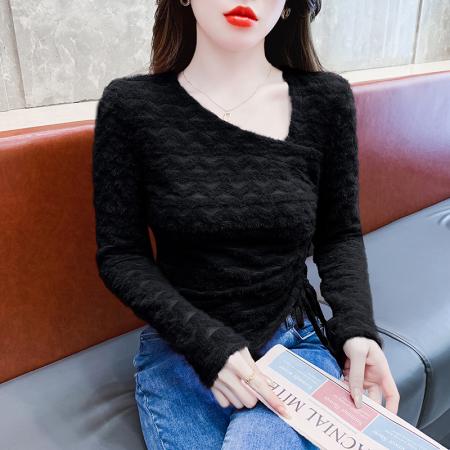 FA55344# 小众设计感斜领抽绳蕾丝衫女秋季不规则下摆长袖t恤收腰显瘦上衣 服裝批發女裝批發服飾貨源