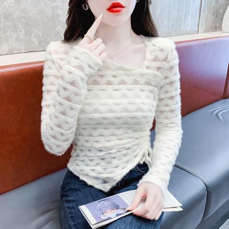 FA55344# 小众设计感斜领抽绳蕾丝衫女秋季不规则下摆长袖t恤收腰显瘦上衣 服裝批發女裝批發服飾貨源