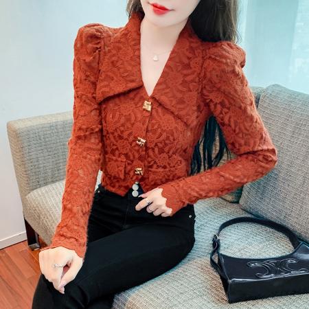 FA55345# 法式蕾丝衬衫女长袖秋季新款设计感不规则衬衣收腰短款上衣 服裝批發女裝批發服飾貨源