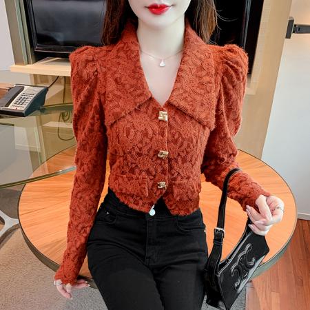 FA55345# 法式蕾丝衬衫女长袖秋季新款设计感不规则衬衣收腰短款上衣 服裝批發女裝批發服飾貨源