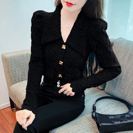 FA55345# 法式蕾丝衬衫女长袖秋季新款设计感不规则衬衣收腰短款上衣 服裝批發女裝批發服飾貨源