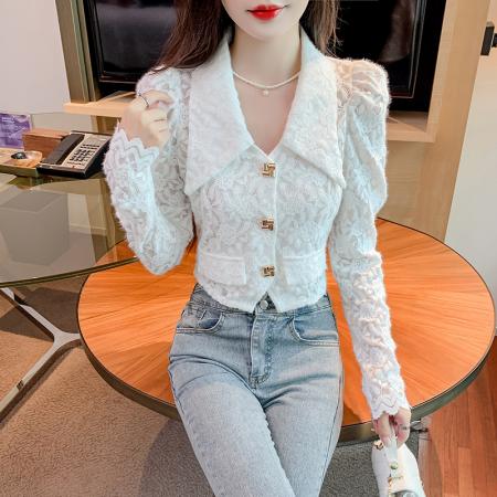 FA55345# 法式蕾丝衬衫女长袖秋季新款设计感不规则衬衣收腰短款上衣 服裝批發女裝批發服飾貨源