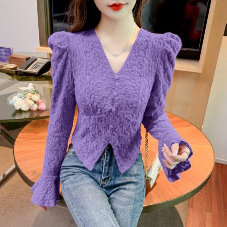 FA55346# 磨毛v领蕾丝打底衫女秋冬新款高级感泡泡袖小衫内搭长袖上衣 服裝批發女裝批發服飾貨源