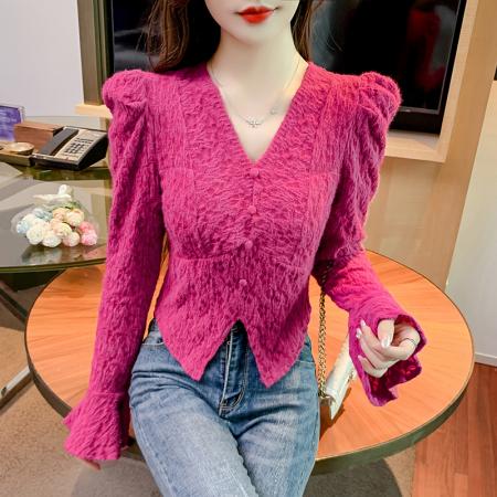 FA55346# 磨毛v领蕾丝打底衫女秋冬新款高级感泡泡袖小衫内搭长袖上衣 服裝批發女裝批發服飾貨源