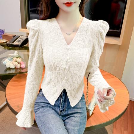 FA55346# 磨毛v领蕾丝打底衫女秋冬新款高级感泡泡袖小衫内搭长袖上衣 服裝批發女裝批發服飾貨源