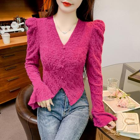 FA55346# 磨毛v领蕾丝打底衫女秋冬新款高级感泡泡袖小衫内搭长袖上衣 服裝批發女裝批發服飾貨源
