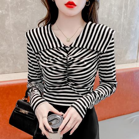FA55347# 设计感时尚条纹翻领简约甜美长袖T恤女早春小众修身显瘦百搭 服裝批發女裝批發服飾貨源