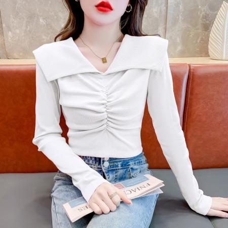 FA55347# 设计感时尚条纹翻领简约甜美长袖T恤女早春小众修身显瘦百搭 服裝批發女裝批發服飾貨源