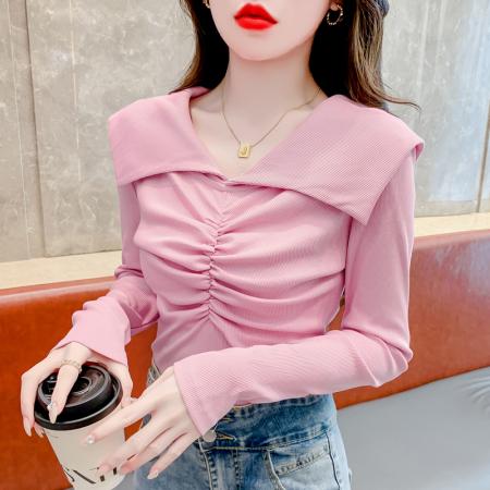 FA55347# 设计感时尚条纹翻领简约甜美长袖T恤女早春小众修身显瘦百搭 服裝批發女裝批發服飾貨源