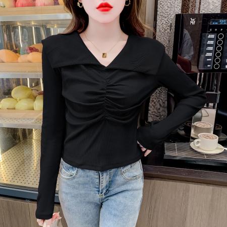 FA55347# 设计感时尚条纹翻领简约甜美长袖T恤女早春小众修身显瘦百搭 服裝批發女裝批發服飾貨源