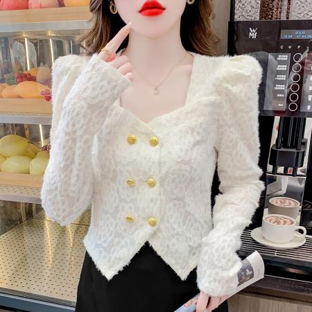 FA55348# 法式方领新款复古不规则花朵刺绣泡泡袖蕾丝衬衫女气质双排扣上衣 服裝批發女裝批發服飾貨源