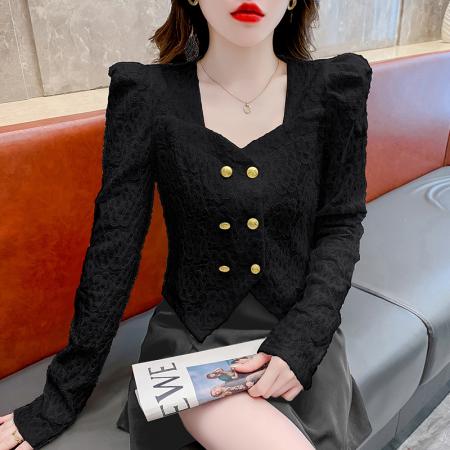 FA55348# 法式方领新款复古不规则花朵刺绣泡泡袖蕾丝衬衫女气质双排扣上衣 服裝批發女裝批發服飾貨源