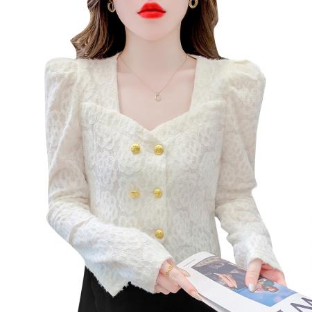 FA55348# 法式方领新款复古不规则花朵刺绣泡泡袖蕾丝衬衫女气质双排扣上衣 服裝批發女裝批發服飾貨源