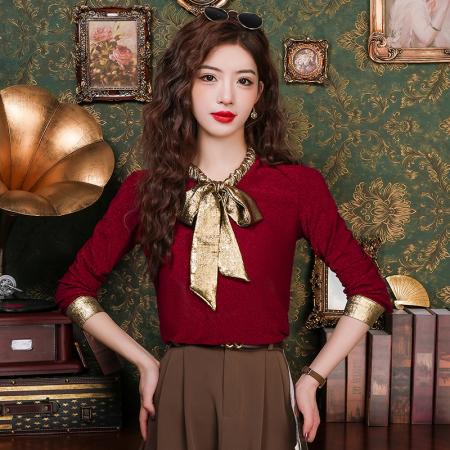 FA55349# 新款时尚洋气减龄上衣蝴蝶结修身设计感小众漂亮别致女 服裝批發女裝批發服飾貨源