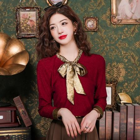 FA55349# 新款时尚洋气减龄上衣蝴蝶结修身设计感小众漂亮别致女 服裝批發女裝批發服飾貨源