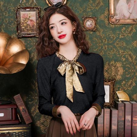 FA55349# 新款时尚洋气减龄上衣蝴蝶结修身设计感小众漂亮别致女 服裝批發女裝批發服飾貨源