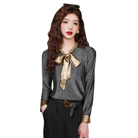 FA55349# 新款时尚洋气减龄上衣蝴蝶结修身设计感小众漂亮别致女 服裝批發女裝批發服飾貨源