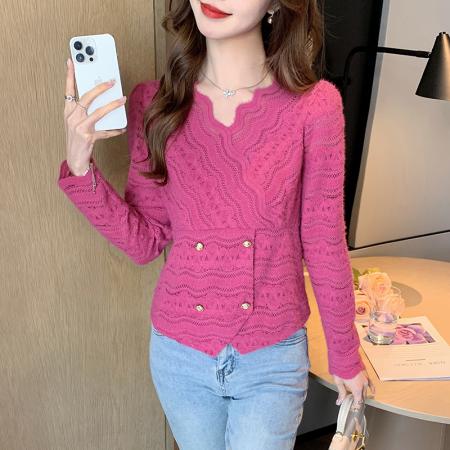 FA55350# 法式V领加绒加厚蕾丝衬衫女洋气修身百搭T恤打底衫潮 服裝批發女裝批發服飾貨源