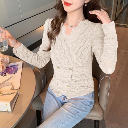 FA55350# 法式V领加绒加厚蕾丝衬衫女洋气修身百搭T恤打底衫潮 服裝批發女裝批發服飾貨源