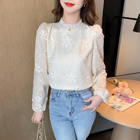 FA55351# 蕾丝衬衫女装洋气小众淑女雪纺宽松洋气时尚小衫长袖上衣 服裝批發女裝批發服飾貨源