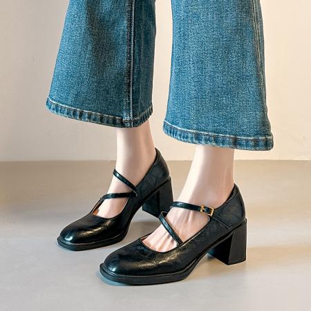 X-32972#复古方头粗跟玛丽珍春季单鞋女百搭高跟鞋 鞋子批发女鞋批发高跟鞋批发