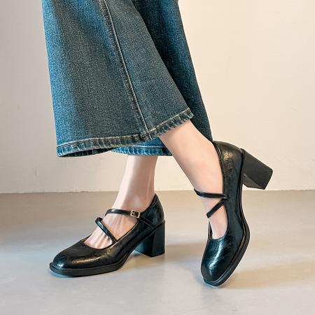 X-32972#复古方头粗跟玛丽珍春季单鞋女百搭高跟鞋 鞋子批发女鞋批发高跟鞋批发