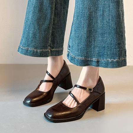 X-32972#复古方头粗跟玛丽珍春季单鞋女百搭高跟鞋 鞋子批发女鞋批发高跟鞋批发
