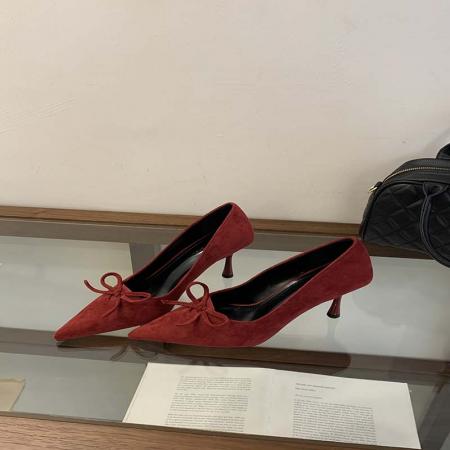 X-32975#新款春秋蝴蝶结尖头细跟高跟鞋女浅口单鞋绒面气质百搭工作鞋 鞋子批发女鞋批发高跟鞋批发