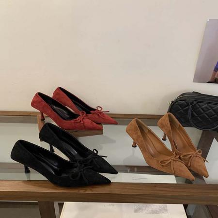 X-32975#新款春秋蝴蝶结尖头细跟高跟鞋女浅口单鞋绒面气质百搭工作鞋 鞋子批发女鞋批发高跟鞋批发