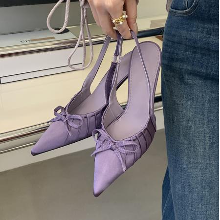 X-32981#春款跟高尖头前包后凉鞋高跟鞋女夏新款蝴蝶结浅口百搭凉鞋 鞋子批发女鞋批发高跟鞋批发