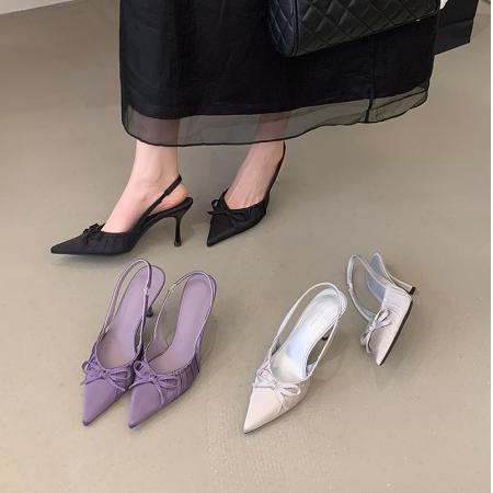 X-32981#春款跟高尖头前包后凉鞋高跟鞋女夏新款蝴蝶结浅口百搭凉鞋 鞋子批发女鞋批发高跟鞋批发