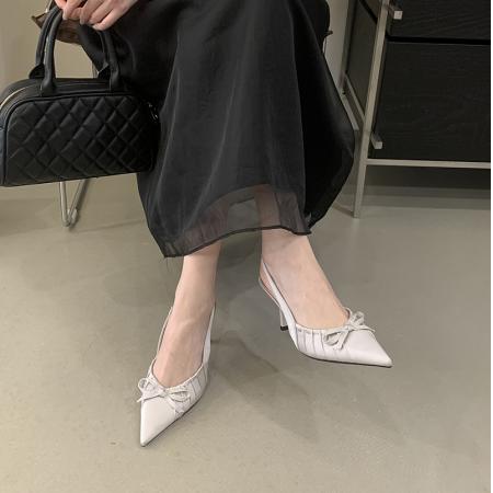 X-32981#春款跟高尖头前包后凉鞋高跟鞋女夏新款蝴蝶结浅口百搭凉鞋 鞋子批发女鞋批发高跟鞋批发