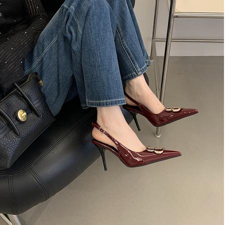 X-32983#新款金属扣高跟尖头包头凉鞋 鞋子批发女鞋批发高跟鞋批发