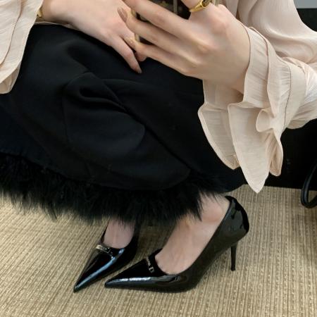 X-32985#黑色高跟鞋女新款气质名媛御姐风性感法式职业字母金属装饰扣 鞋子批发女鞋批发高跟鞋批发