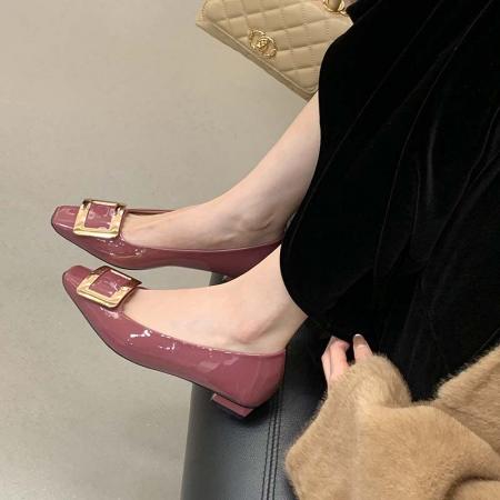 X-32987#春季新款网红同款rv漆皮方扣单鞋粗跟中跟方头浅口女鞋通勤 鞋子批发女鞋批发高跟鞋批发