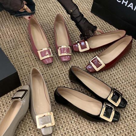 X-32987#春季新款网红同款rv漆皮方扣单鞋粗跟中跟方头浅口女鞋通勤 鞋子批发女鞋批发高跟鞋批发