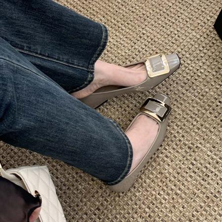 X-32987#春季新款网红同款rv漆皮方扣单鞋粗跟中跟方头浅口女鞋通勤 鞋子批发女鞋批发高跟鞋批发