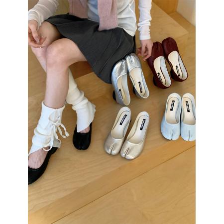 X-32996#韩版复古小众编织分趾单鞋春夏新款浅口法式银色猪蹄鞋豆豆鞋 鞋子批发女鞋批发高跟鞋批发