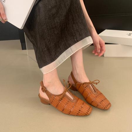 X-33005# 法式复古镂空编织包头凉鞋女春夏季新款配裙子时尚粗跟单鞋 鞋子批发女鞋批发高跟鞋批发