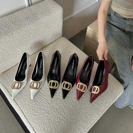 X-33006# 新款尖头细跟高跟鞋通勤气质浅口小跟鞋法式百搭金属扣单鞋 鞋子批发女鞋批发高跟鞋批发