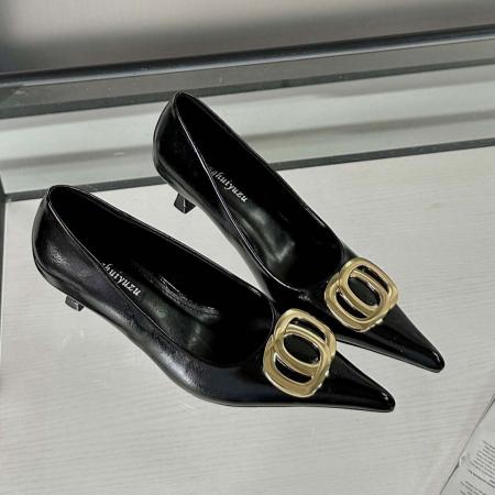 X-33006# 新款尖头细跟高跟鞋通勤气质浅口小跟鞋法式百搭金属扣单鞋 鞋子批发女鞋批发高跟鞋批发