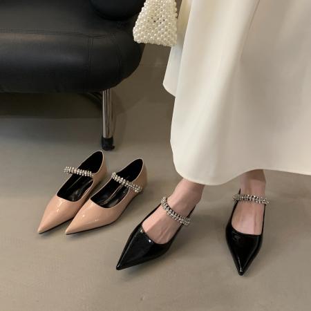 X-33007# 显瘦法式尖头单鞋女新款春秋水钻一字带玛丽珍鞋浅口粗跟女鞋 鞋子批发女鞋批发高跟鞋批发