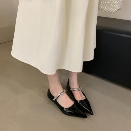 X-33007# 显瘦法式尖头单鞋女新款春秋水钻一字带玛丽珍鞋浅口粗跟女鞋 鞋子批发女鞋批发高跟鞋批发