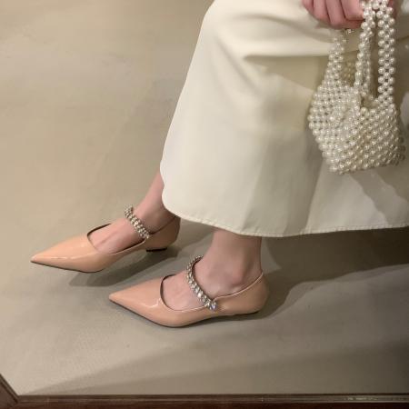 X-33007# 显瘦法式尖头单鞋女新款春秋水钻一字带玛丽珍鞋浅口粗跟女鞋 鞋子批发女鞋批发高跟鞋批发