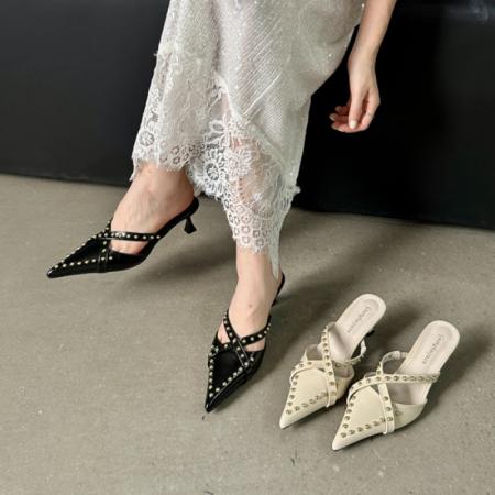 X-33009# 铆钉高跟鞋外穿半拖鞋女夏新款尖头小细跟懒人鞋中跟包头拖鞋 鞋子批发女鞋批发高跟鞋批发